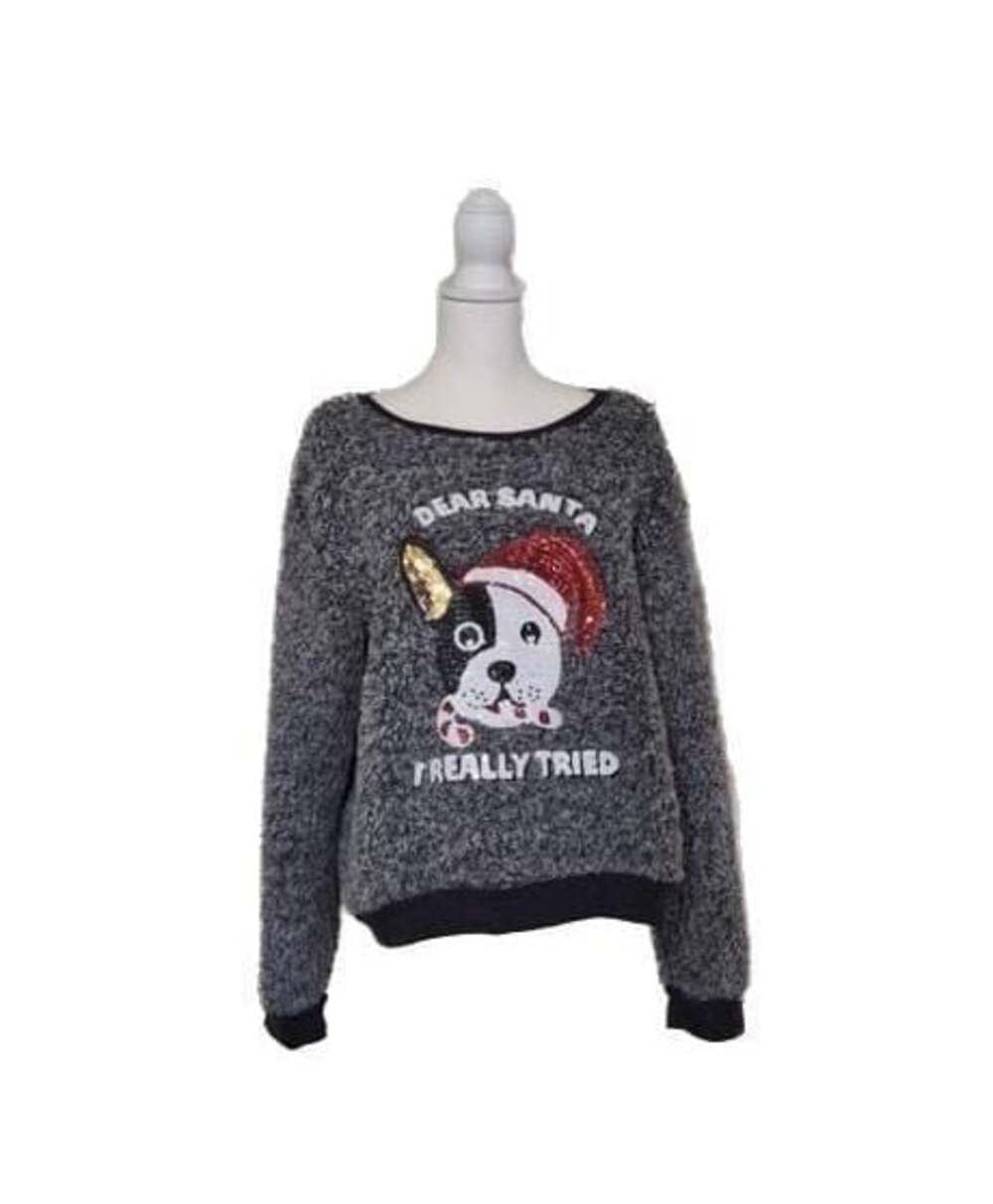 Dear Santa I Really Tried Sequin French Bulldog Sherpa Fuzzy Pullover  XL‎